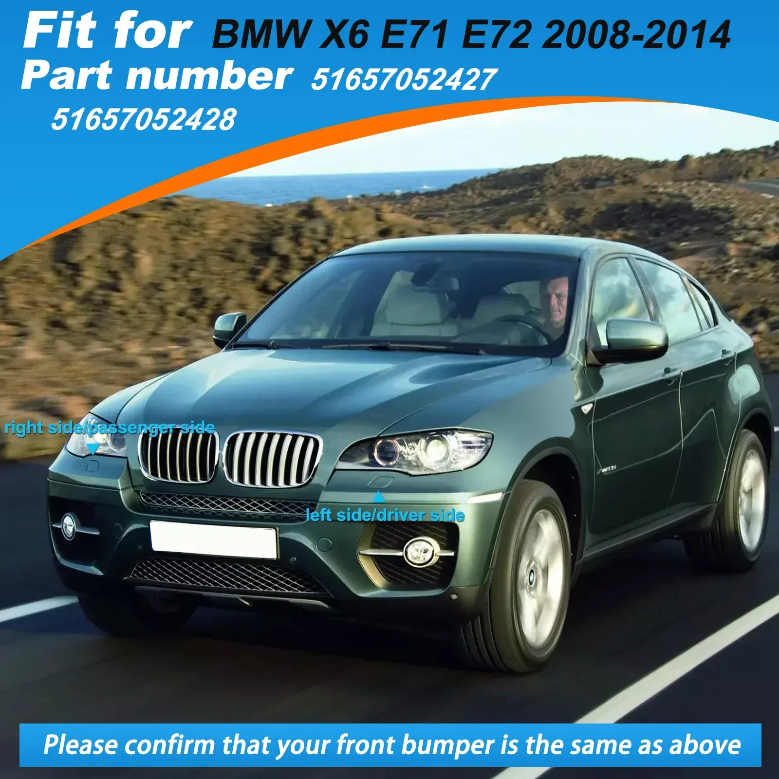 For BMW X6 E71 E72 2008 2014 Front Bumper Headlight Washer Cover Replacement Set 51657052427 51657052428