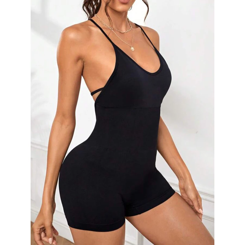 

2025 European and American new solid color casual suspender backless simple design, sexy spicy girl jumpsuit