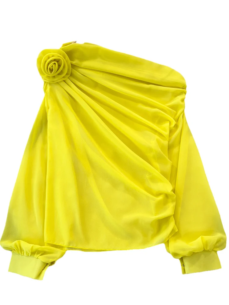 قميص شيفون فضفاض للنساء للتنحيف، تصميم عصري لفصلي الربيع والخريف مع زهور ثلاثية الأبعاد وياقة مائلة وكتف مكشوف، بلوزة كاجوال