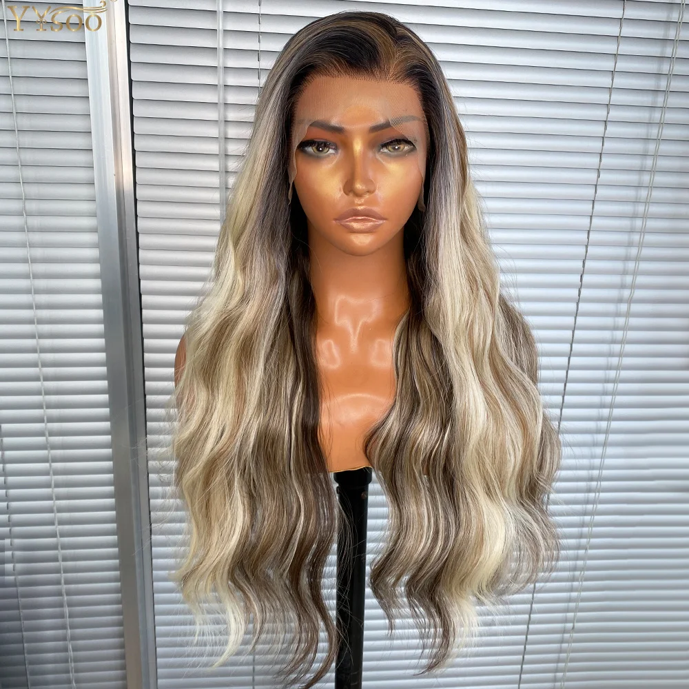 YYsoo Long Natural Hairline 13x4 Futura Synthetic Lace Front Wigs For Women Girls Ombre Highlights Water Wave Lace Front Wig