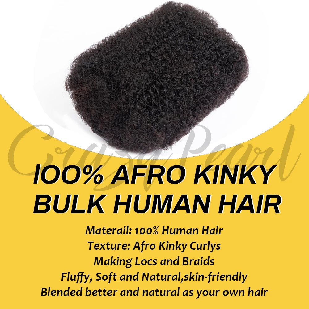 CrazyPearl Cabelo Humano Afro Kinky em Massa para Extensão de Dreadlocks, Reparo de Locs, Tranças e Penteados Afro Kinky Naturais