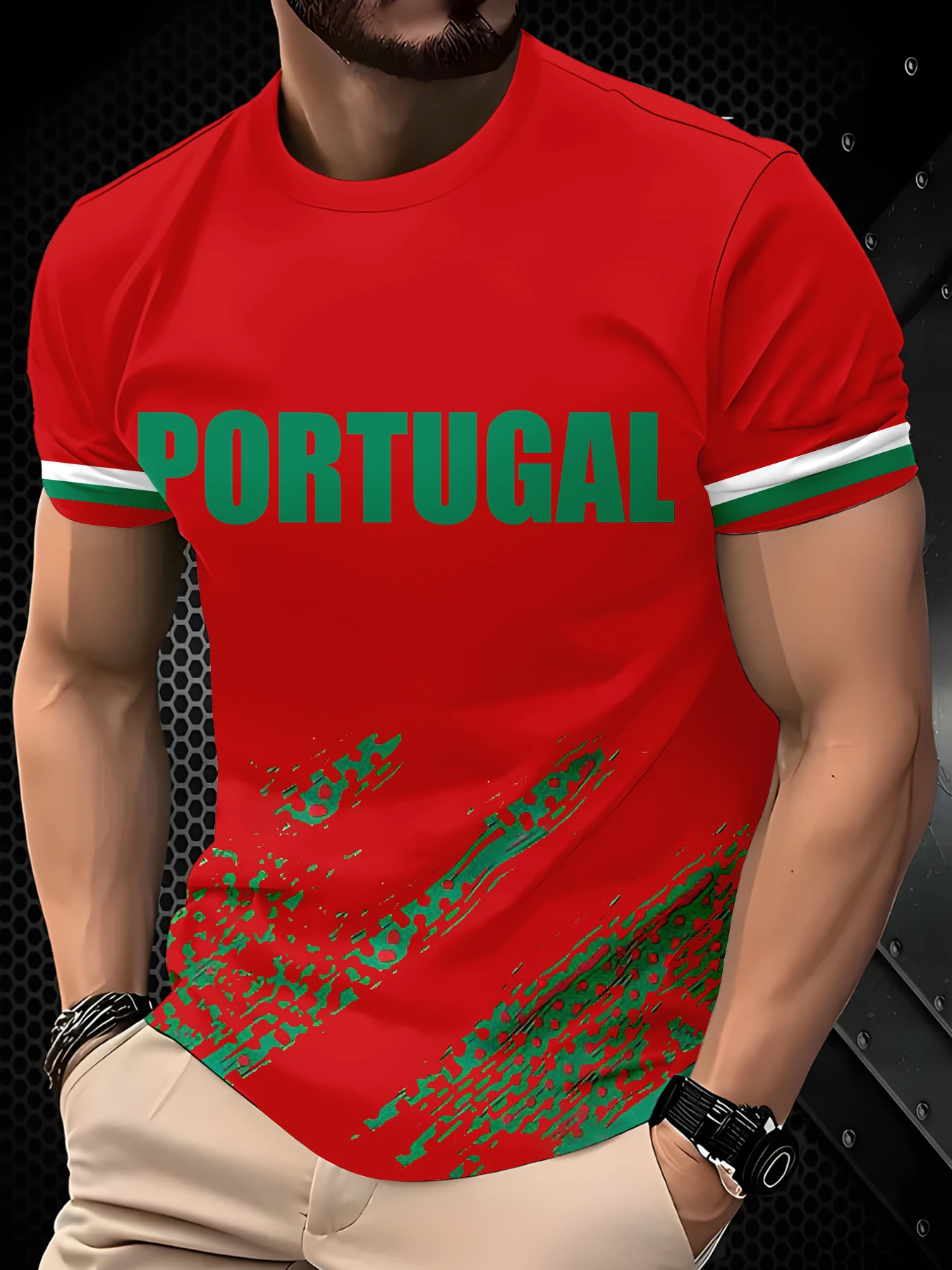 Camiseta de Manga Corta para Hombre, Estilo Casual, con Diseño Deportivo, Base Roja, Patrón de Puntos Verdes, Rayas en el Puño y Letras