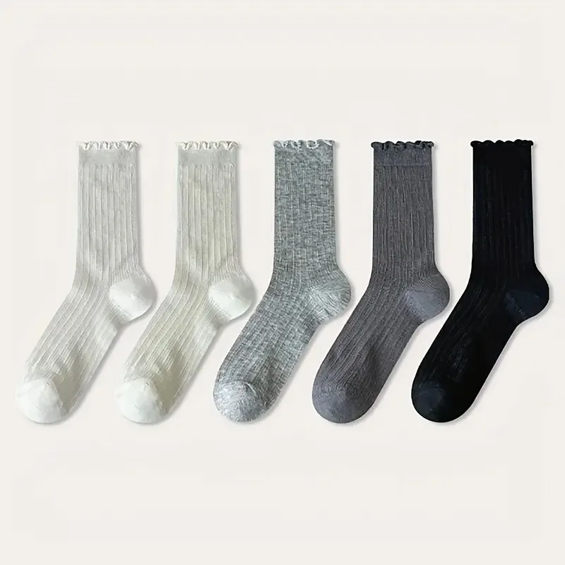 5/10 Paar Damen-Socken, einfarbig, Netzstoff, mittlere Röhre, Sommer, leicht, atmungsaktiv, modisch, gewellter Rand, Ballett-Stil, lässige Socken – Detail 9