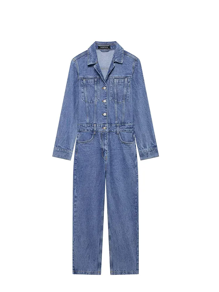 HH TRAF Fashion Spliced ​​denim Jumpsuit V-neck Single-breasted Elegant Women's Casual Jumpsuit Women's Autumn Street Wear