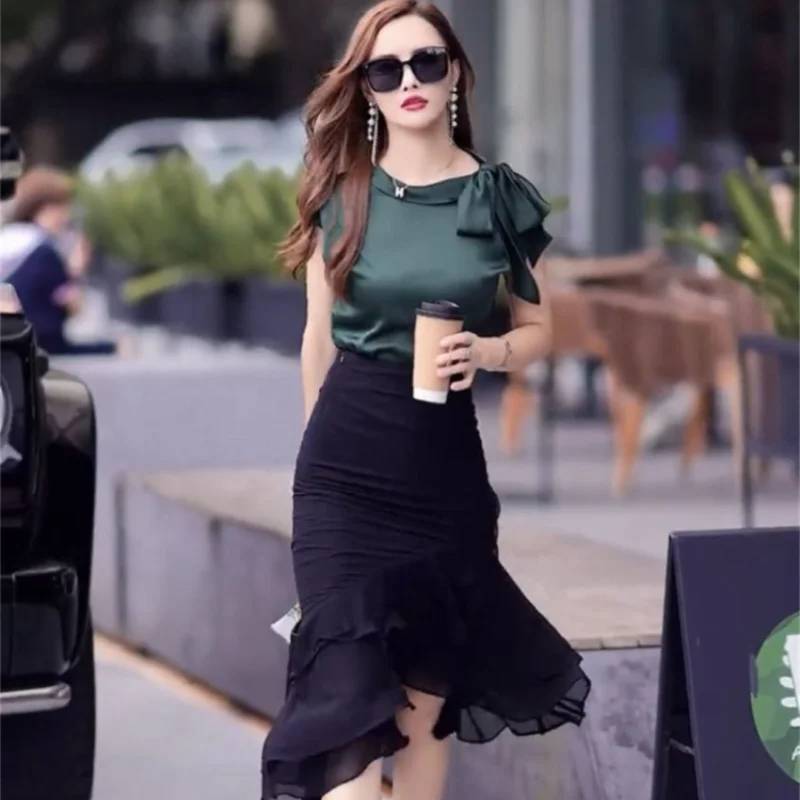 Office Short Sleeve Female Outfits Ruffles Women\'s Two Piece Set Sexy Skirt Vacation 2024 Clothing New Arrivals Jacket Stylish