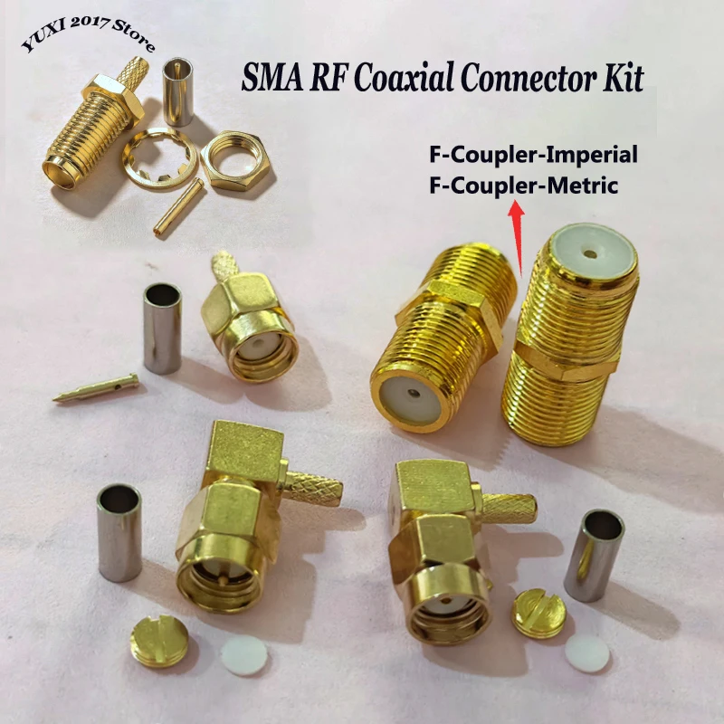 SMA RF Coaxial Connector Kit Right Angle 90° Elbow Crimp SMA F-Type Coupler Adapter Fit  WiFi Antenna Coax Cable Fittings