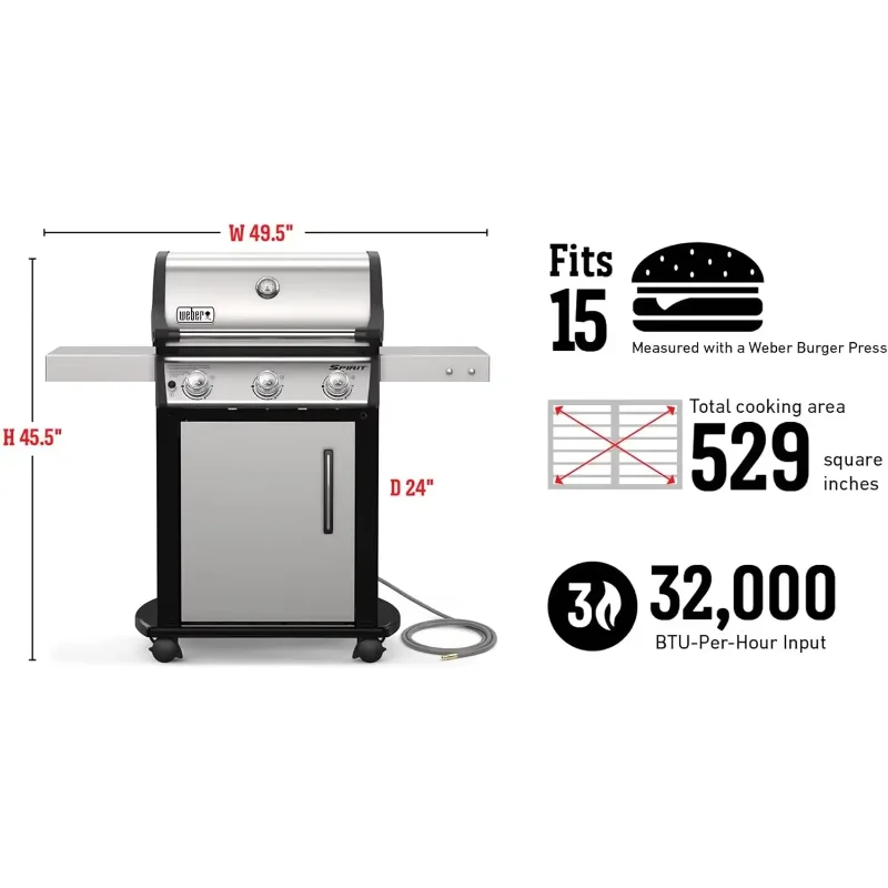 Gas Grill Spirit S-315 NG Stainless Steel Porcelain-Enameled Grates Durable Even Heating for Outdoor Cooking