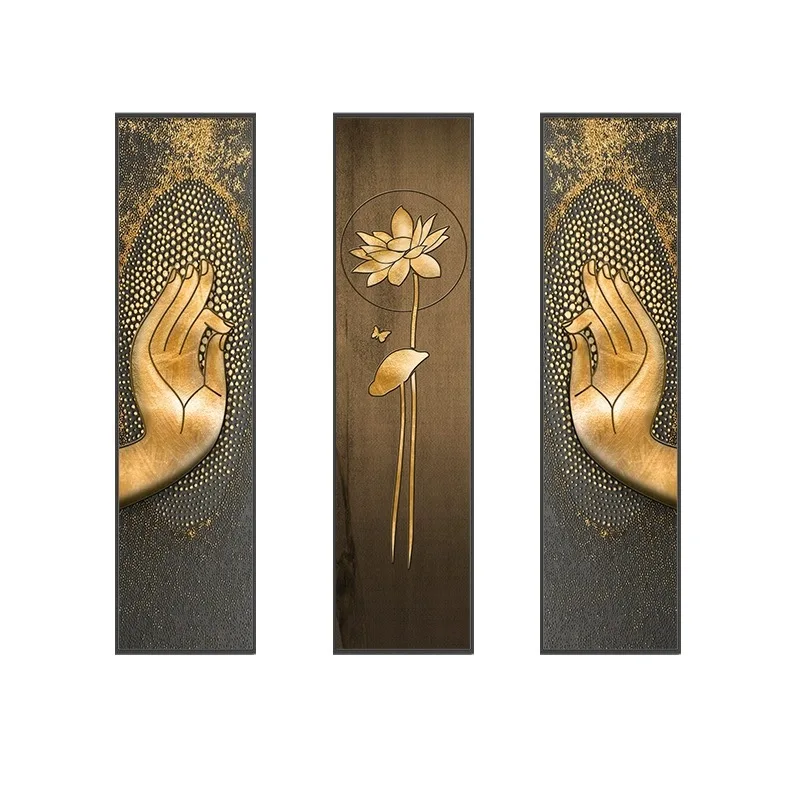 

Zen hanging painting living room background wall decoration painting Buddha hand lotus combination painting vertical mural