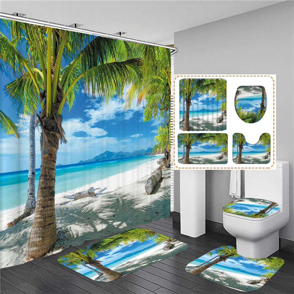 

Coconut Tree Beach Coastal Scenery Bathroom Shower Curtains Ocean Sea 3D Bath Curtain Toilet Cover Mat Non-slip Carpet Rugs