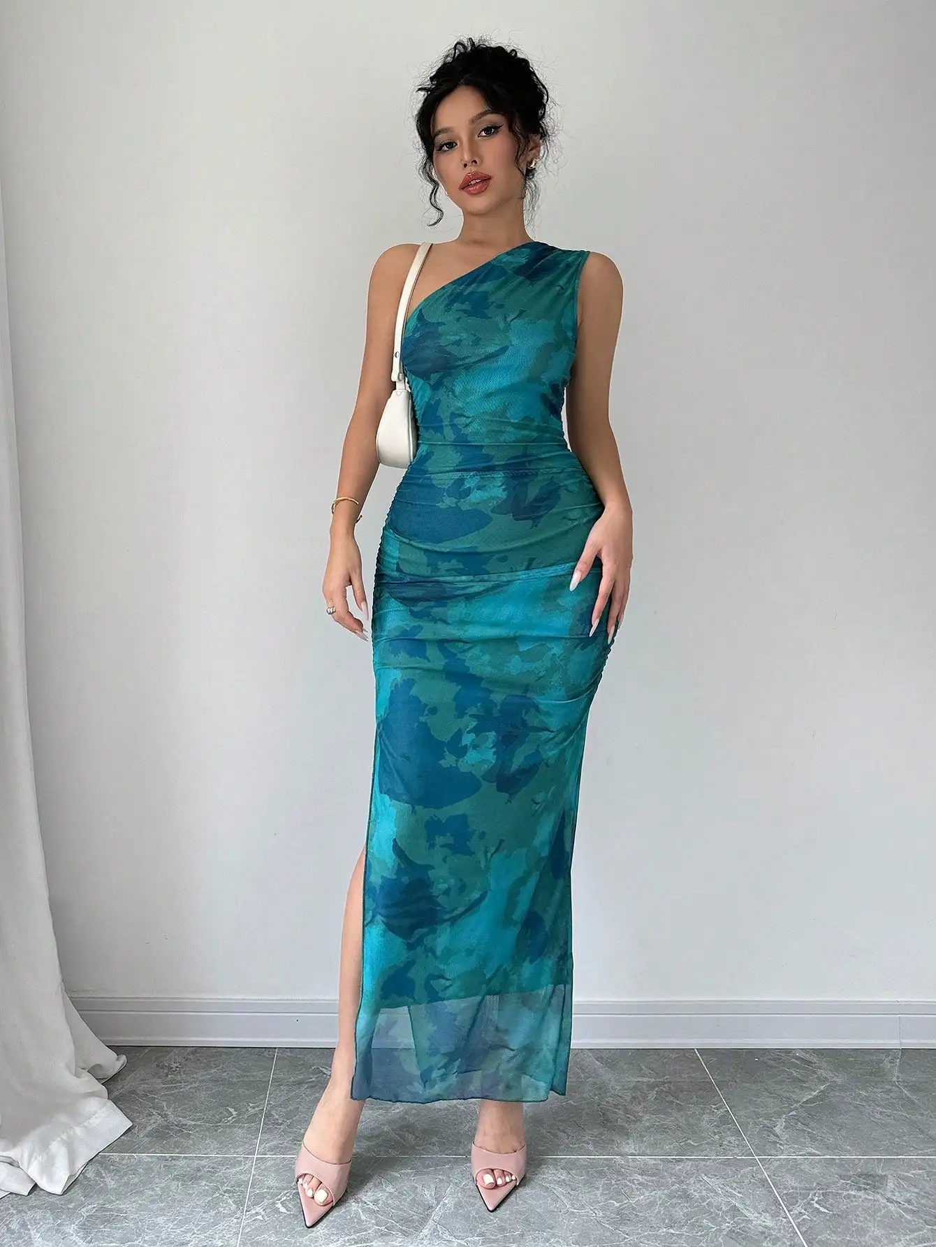 

Teal Tie-Dye Asymmetrical Neck Sleeveless Maxi Dress with Side Slit