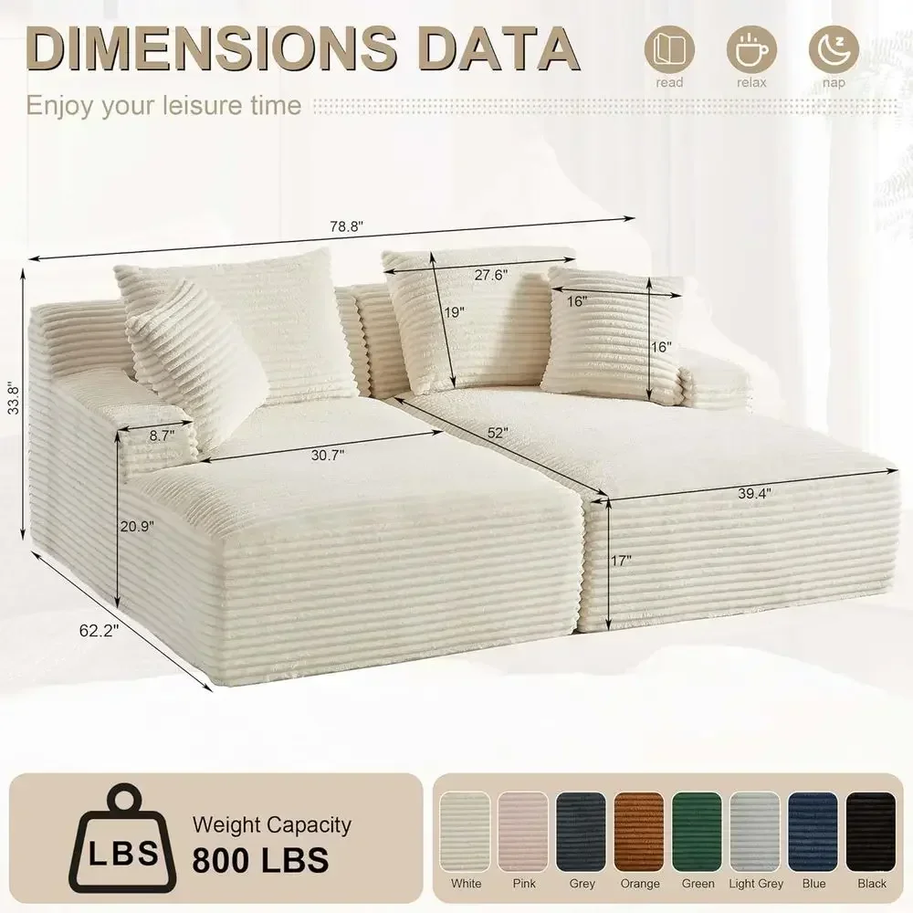 Oversized Double Chaise Lounge Sofa Bed, Corduroy Indoor Lounge Chair with Pillows, Wide Armrests, Deep Seating Cloud Couch for