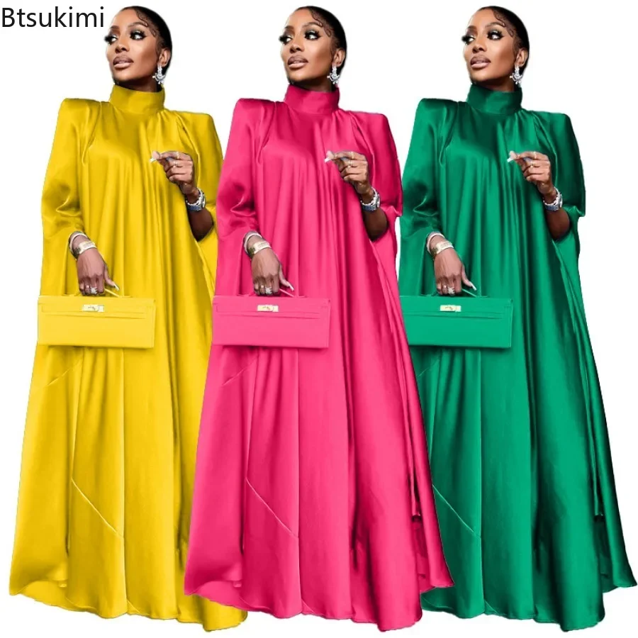 Fashion Luxury Dubai Indian Dress Muslim Abaya for Women Elegant High Neck Loose Pullover Solid Satin Party Evening Dresses Robe