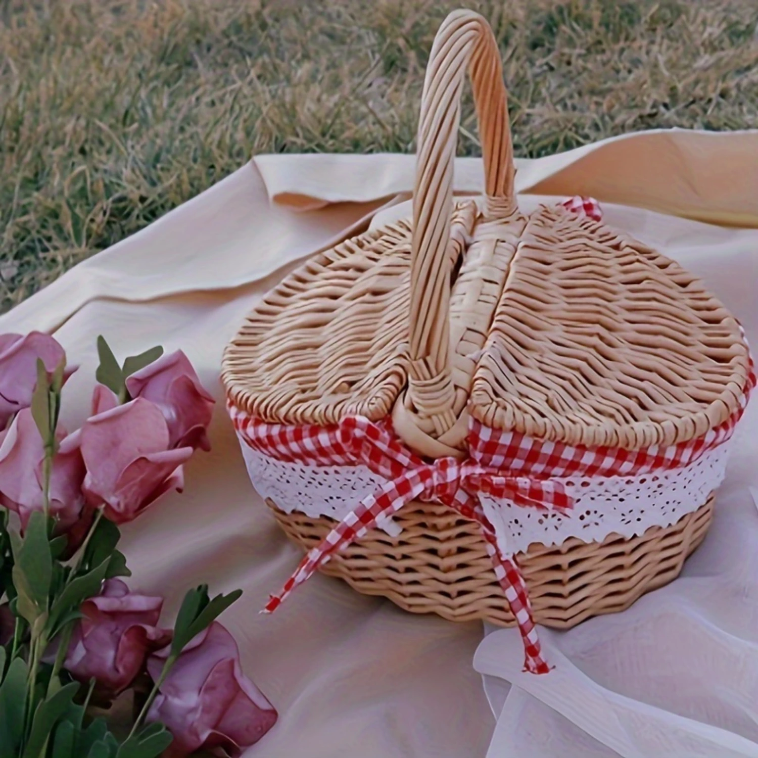 1pc Handwoven Rustic Oval Wicker Picnic Basket with Gingham Ribbon - Large Capacity Organizer for Shopping, Fruit, Snacks