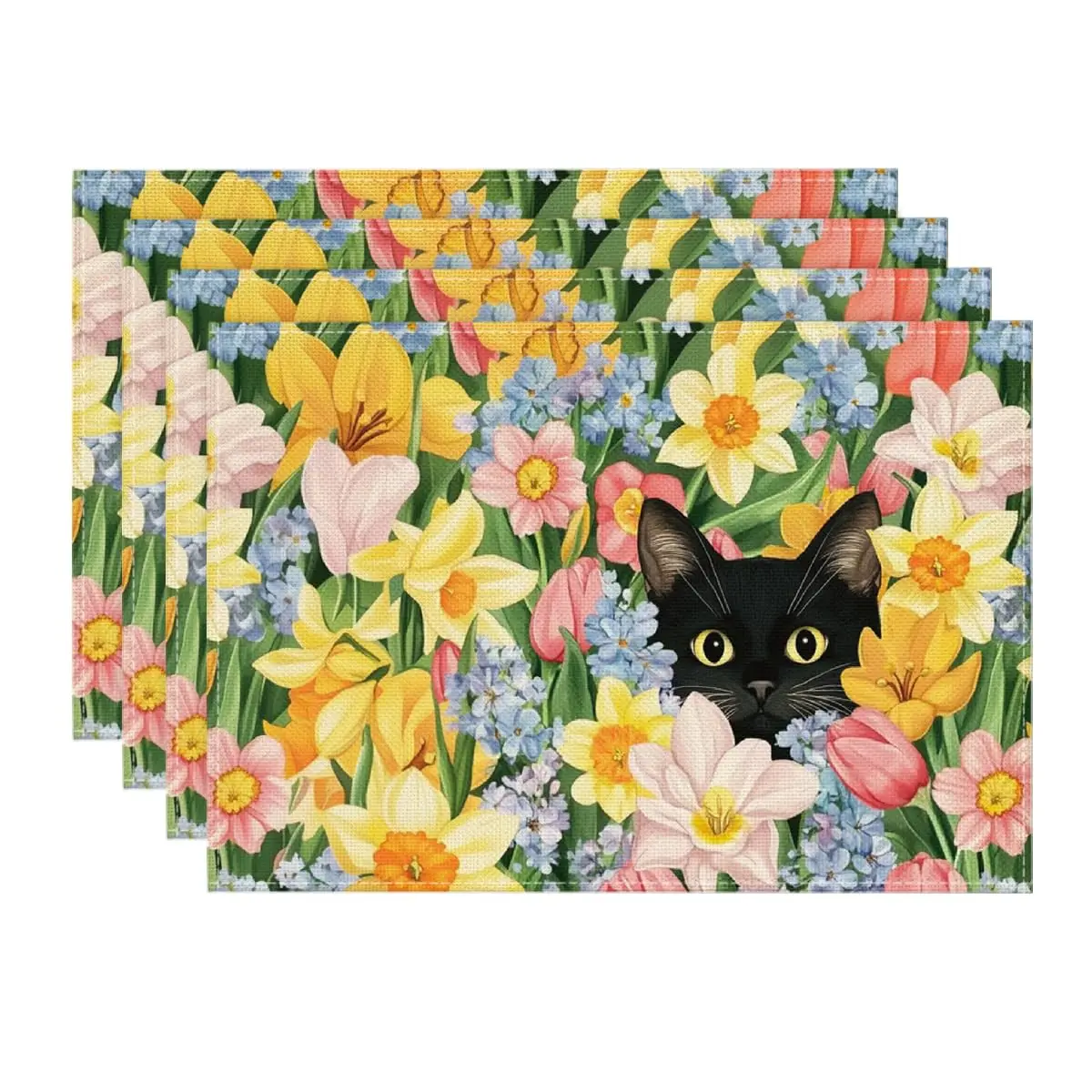 

Tulip Flowers Cat Spring Placemats, 12x18 Inch Seasonal Summer Holiday Table Mats for Party Kitchen Dining Decoration