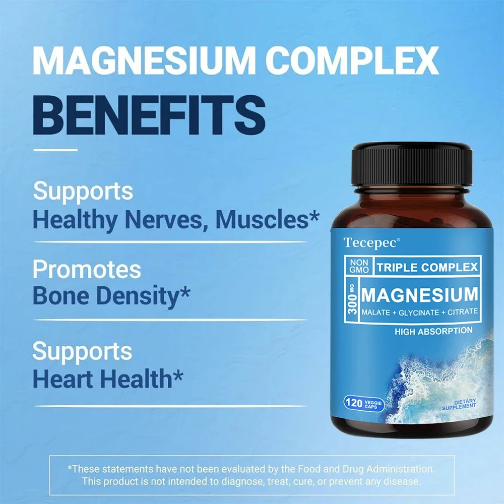 Triple Magnesium Complex - 300 mg Magnesium Glycinate, Malate & Citrate for Bone, Muscle, Nerve & Energy - Highly Absorbable