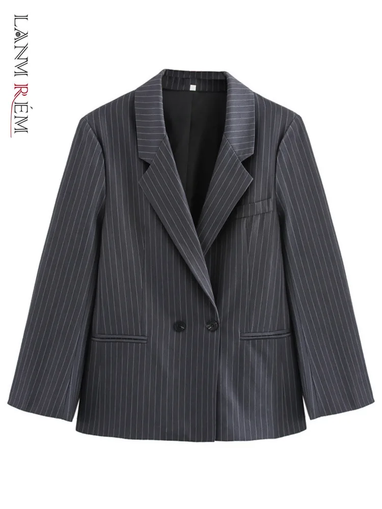 LANMREM 2025 Office Lady Gestreepte Blazer Voor Vrouwen Notched Kraag Double Breasted Jas Mode Vrouwelijke Nieuwe Kleding 32C2006