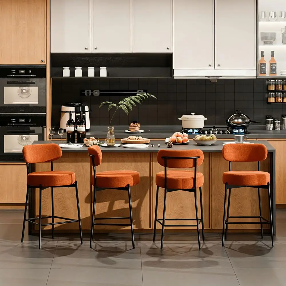 

Bar Stools Set of 4, Burnt Orange 24 Inches Modern Counter Height Bar Stools, Upholstered Boucle Barstools with Curved Back Met