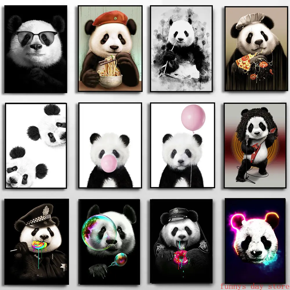 Baby Panda with Bubble Gum Poster Prin Canvas Paintingt Animal Nursery Wall Art Picture Decor Cute Pink Balloon Baby Room Decor