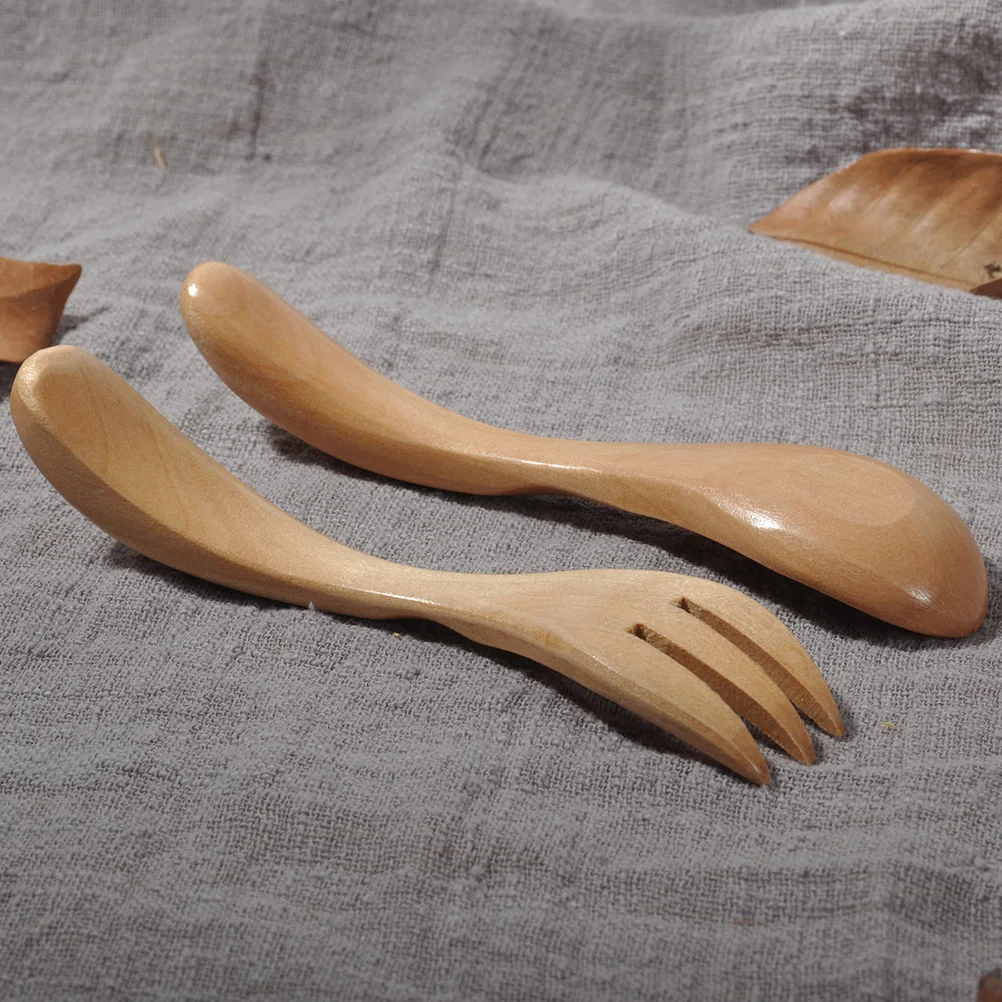 

2pcs Wooden Spoon Fork Set Children Flatware Solid Wood Tableware For Kids Picnics School Lunches Home Mini Size Easy Wash