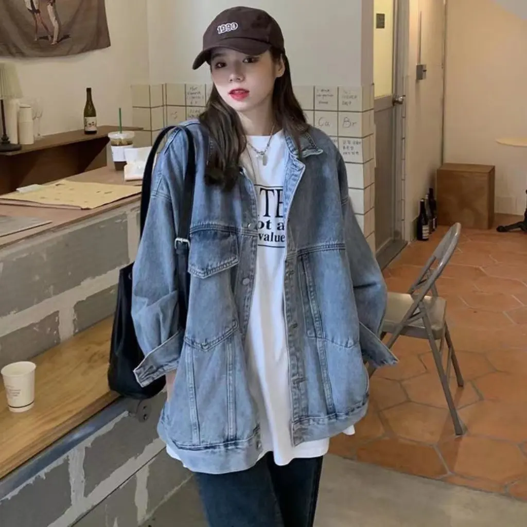 Korean Style Loose Denim Tops for Women Spring Autumn Hong Kong Style Easy Match Trendy Outerwear