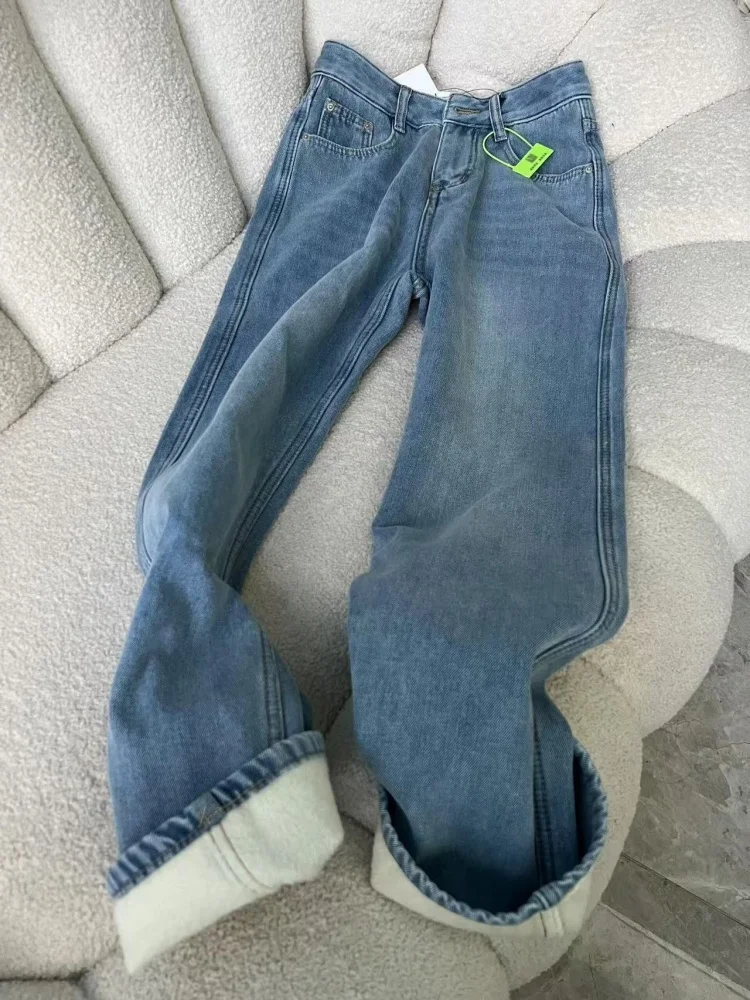 

Большие размеры, джинсовые джинсы на подкладке Thi, свободные женские брюки с высокой талией, повседневные прямые брюки без глажки