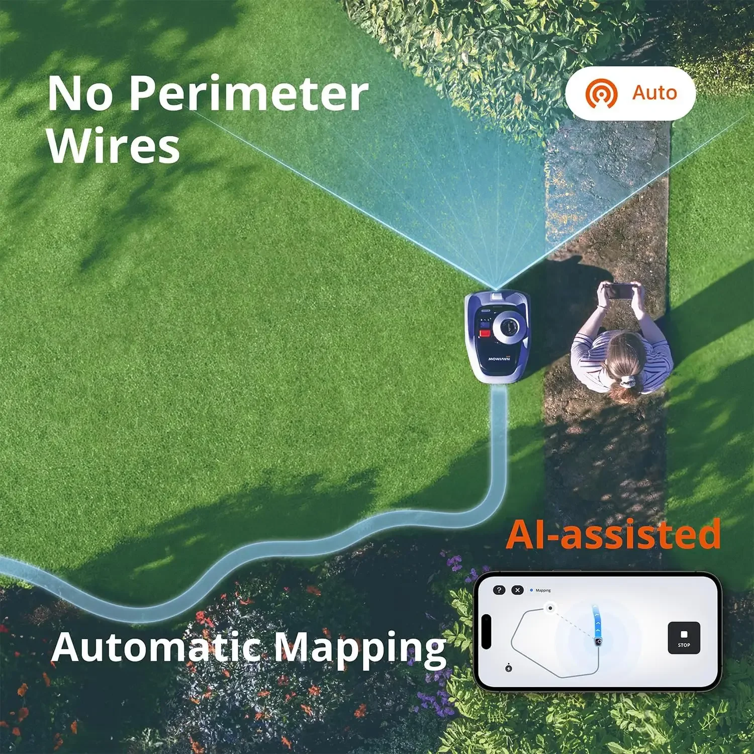 Segway Navimow i105N หุ่นยนต์เครื่องตัดหญ้าปริมณฑลฟรี 1/8 Acre RTK + Vision หุ่นยนต์ตัดหญ้า, AI-Assisted Mapping,