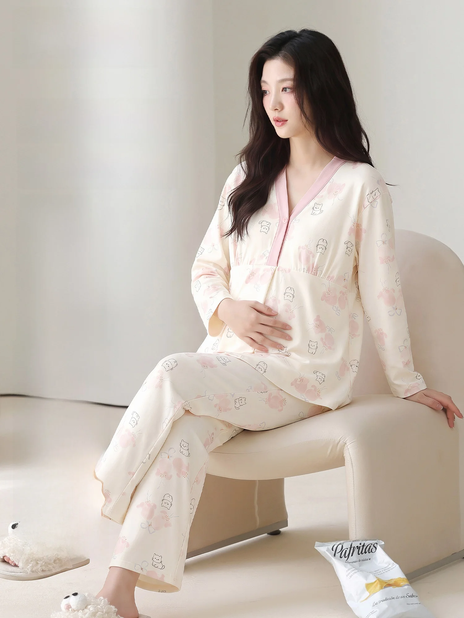 pure-cotton-maternity-sleepwear-thin-summer-home-clothes-for-women-nursing-mothers-with-chest-pad-cartoon-cute-style-long-sle