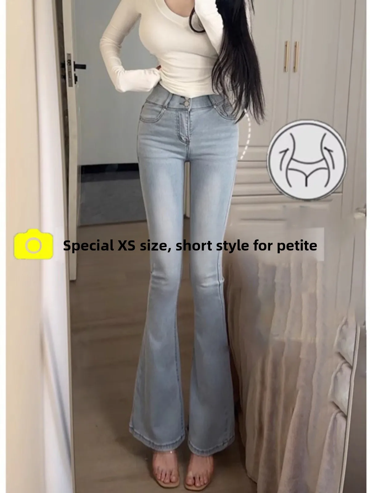 

High Waist Button Detail Bootcut Jeans Women's Slimming Leg Enhancing Denim Pants Spring Autumn Small Stature 50cm