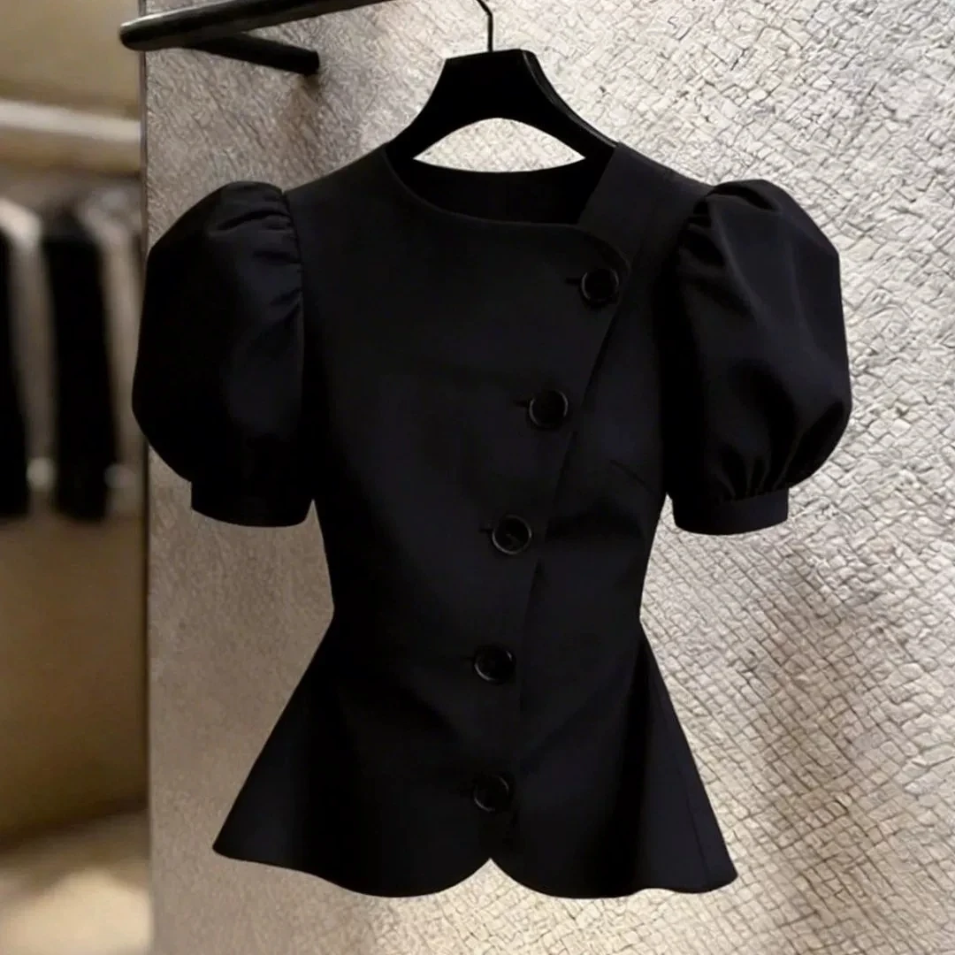 Women's Black Puff Sleeve Peplum Top 2026 New Y2K Summer Fashion Shirt Tops Asymmetrical Button Down Slim Fit Casual Chic Blouse