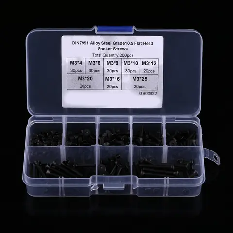 200Pcs/Box M3 Countersunk Flat Head Hex Socket Screw Bolt Machine Fastener Assortment Set