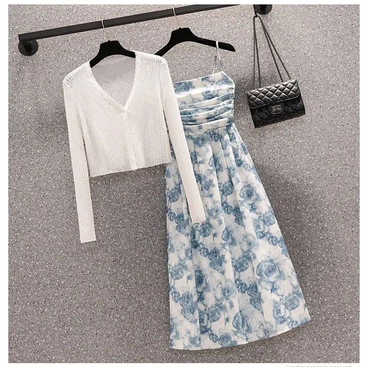 Advanced Design Solid Color Cardigan Temperament Floral Women\'s Camisole Skirt Two-piece Set 2024 Summer New Style