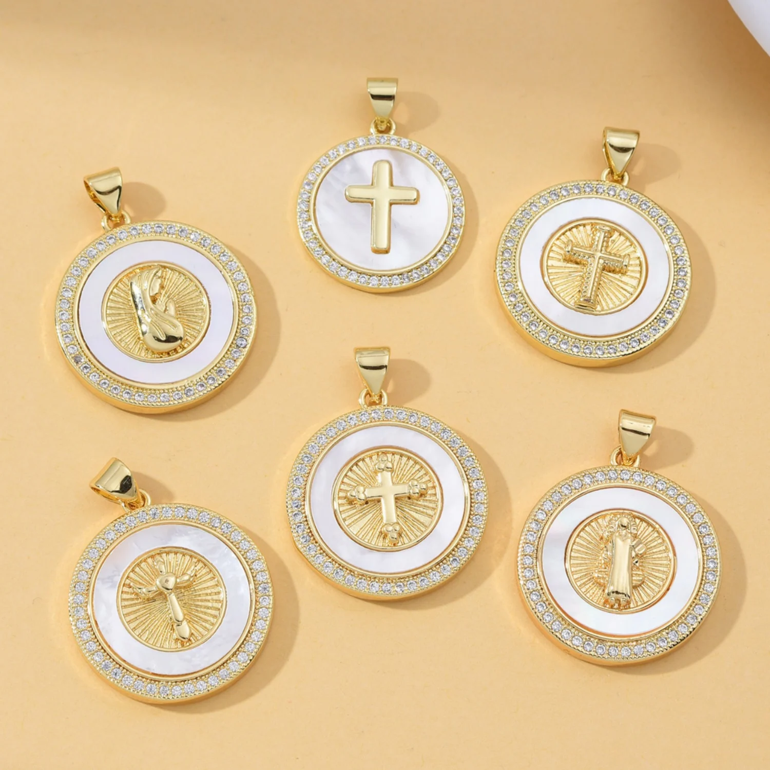 

5pcs European and American Virgin Mary Cross Zircon White Shell Pendant DIY Bracelet Necklace Jewelry Making Material Wholesale