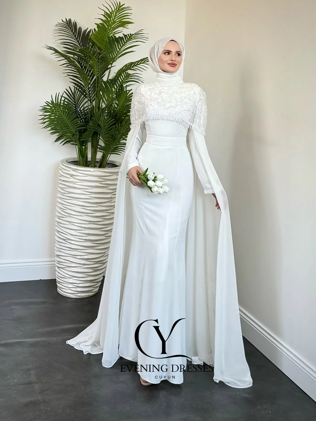 فستان سهرة إسلامي أنيق من CUYUN مطرز بالخرز شال حورية البحر فساتين حفلات طويلة مخصصة لحفلات الزفاف في دبي للعروس