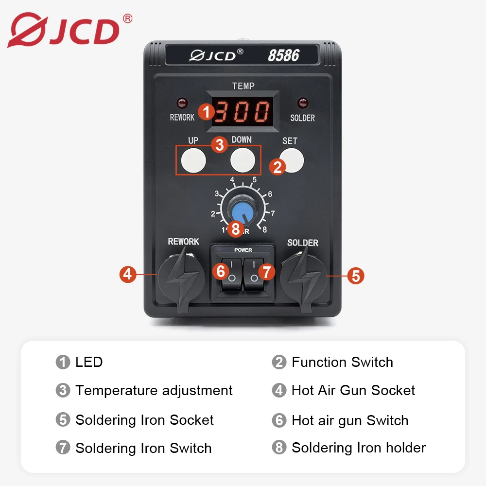 Imagem -02 - Jcd 8586 Estação de Solda 750w em Display Digital Retrabalho Pistola de ar Quente Ferro de Solda Solda ic Smd Desoldering Ferramentas de Reparo