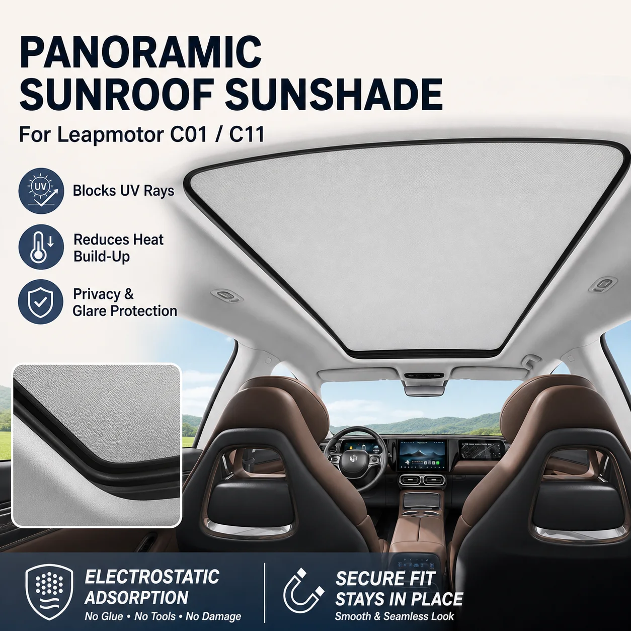 

For Leapmotor C01 Electrostatic Adsorption Panoramic Sunroof Sunshade UV Block Heat Insulation Front Rear Light Block Coolin
