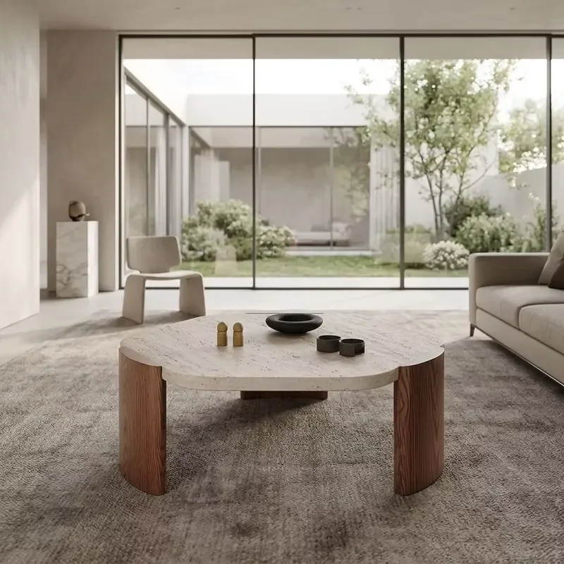Custom Beige Travertine Coffee Table Ash Wood with Walnut Finish Customizable Sizes for Interior Designers & Projects