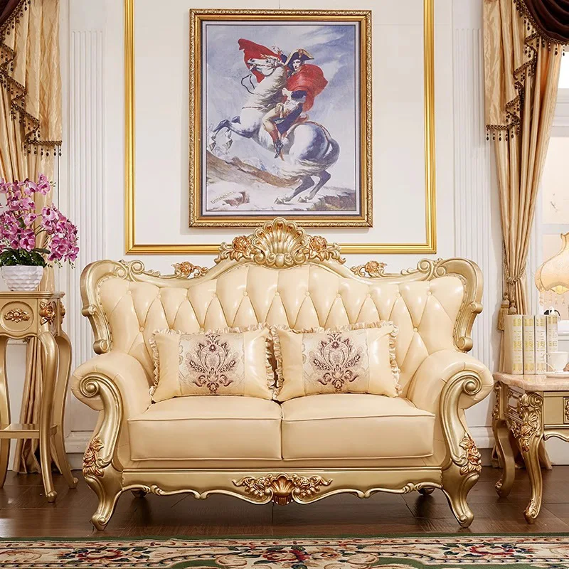 European Leather Sofa 123 Combination Solid Wood Carving Flower French Large Apartment Villa Luxury Leather Sofa Champagne Gold