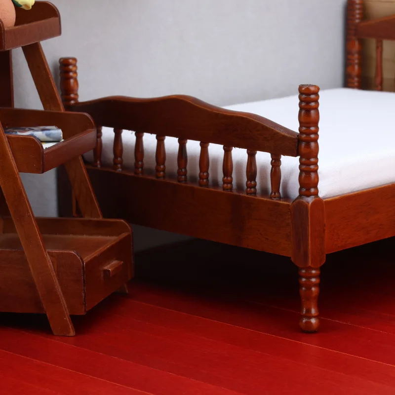 1:12 Dollhouse Miniature European Wooden Double Bed Bedroom Micro Scene Decor Christmas Easter New Year Gift view 6