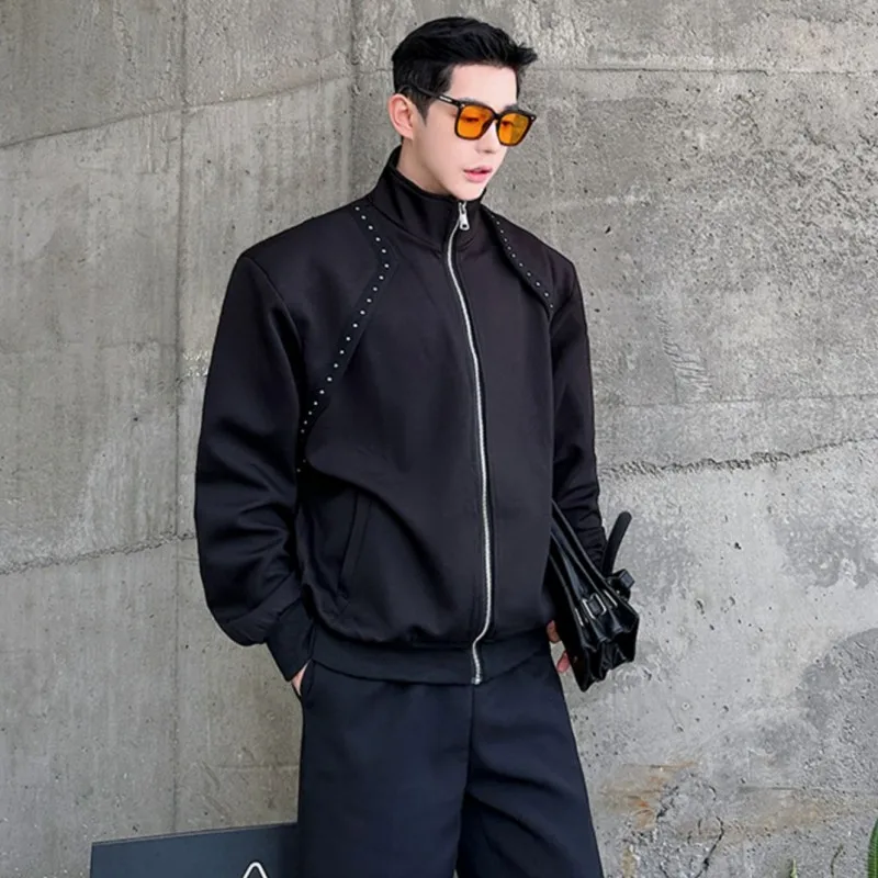 New Spring Men's Jacket Coat Rivet Layered Shoulder Black White Zipper Motorcycle Outerwear Popular Streetwear Clothes