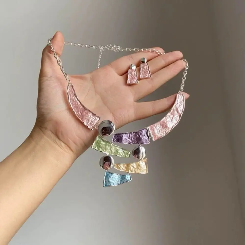 خط هندسي ملون النفط اللوحة الأقراط قلادة مبالغ فيها العصرية المرأة قلادة القرط مجموعة سلسلة الترقوة