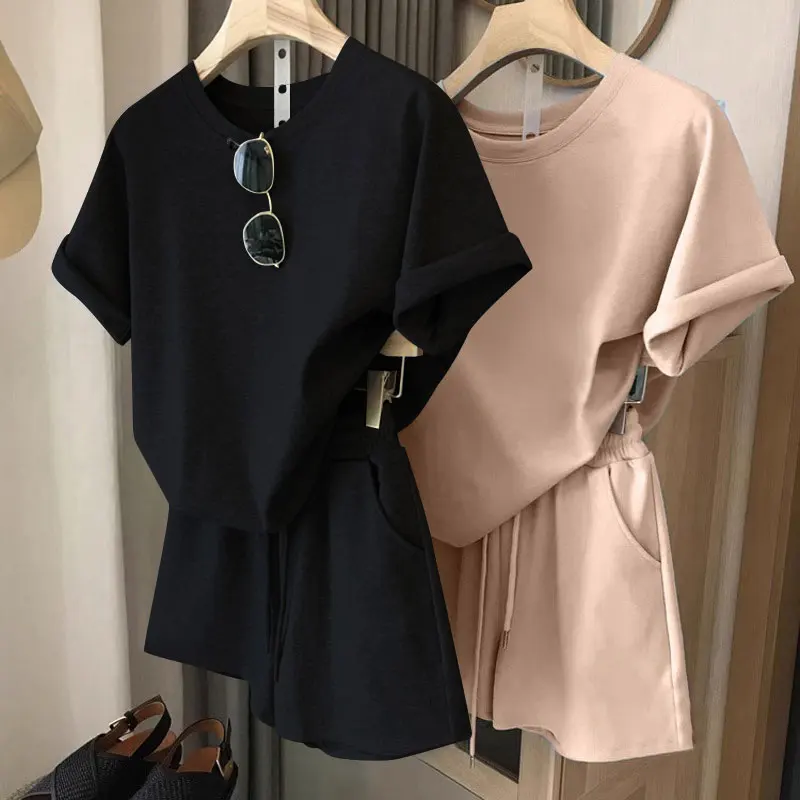 Conjunto de plones cortos de manga corta de aodón informal para mujer, ropa deportiva de dos piezas, cómodo, hoado, c...