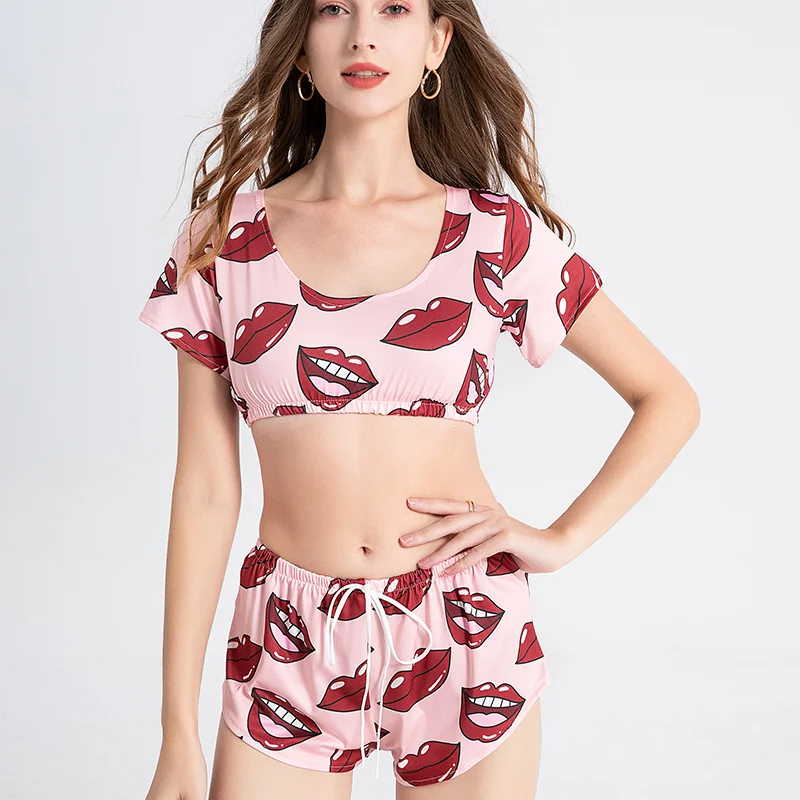 Summer Short Sexy Casual Lips Print Female Sleepwear Suit Pajamas 2pcs Top+Pants Skinng Women Homewear Underwear