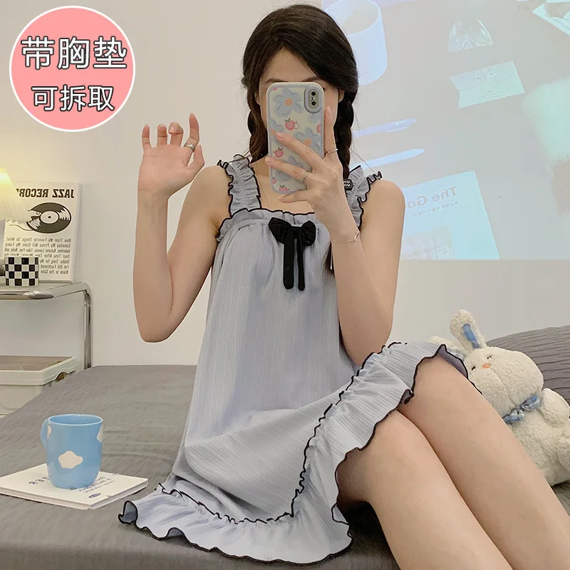 5XL Plus Size Suspender Nightdress with Chest Pad Women Summer Sweet Nightgown Can Be Worn Outside Japanese Student Home Wear