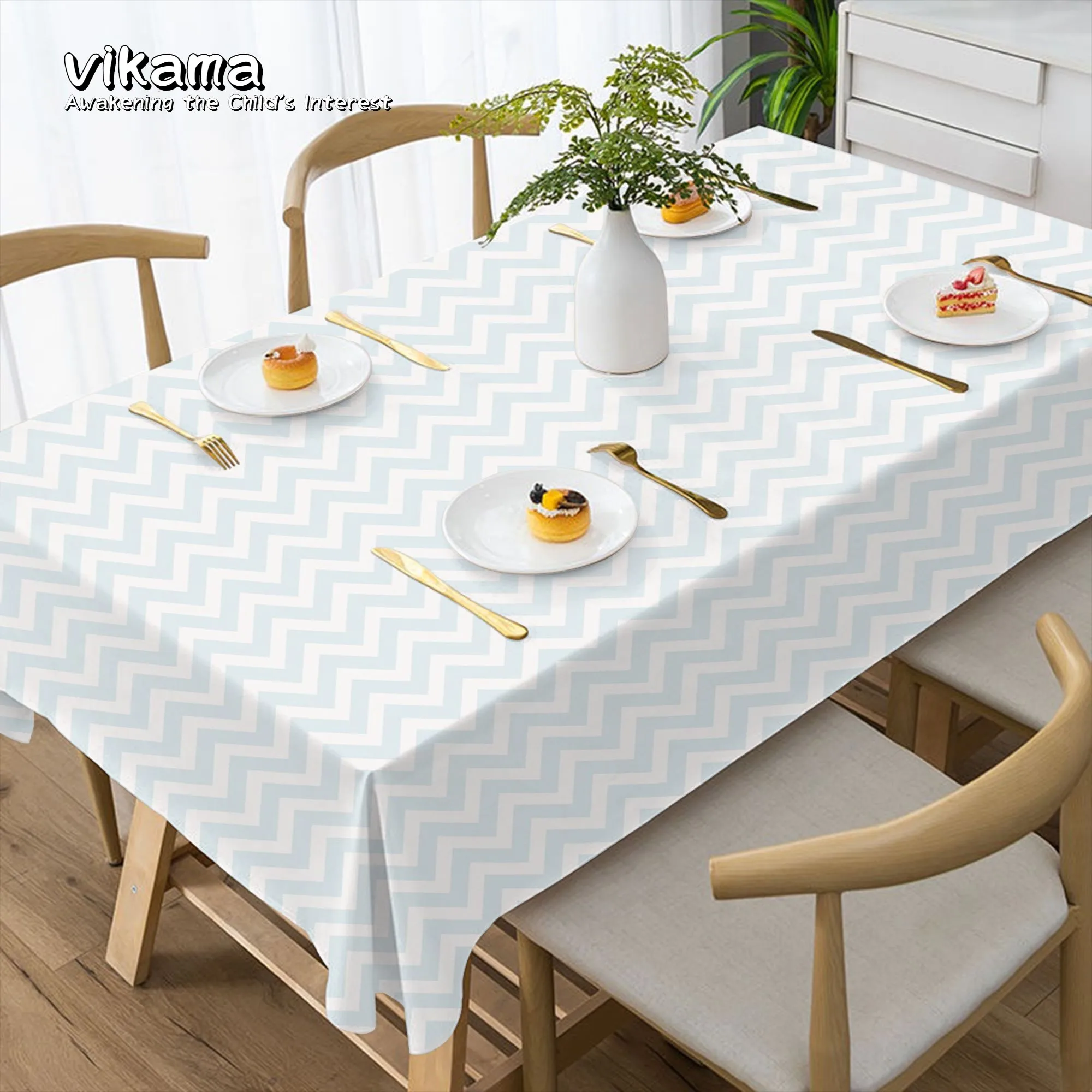 VIKAMA Hellblaue geometrische Ripple-Tischdecke, schlichter Stil, für Zuhause, Esstisch, Couchtisch, dekorative Tischdecken