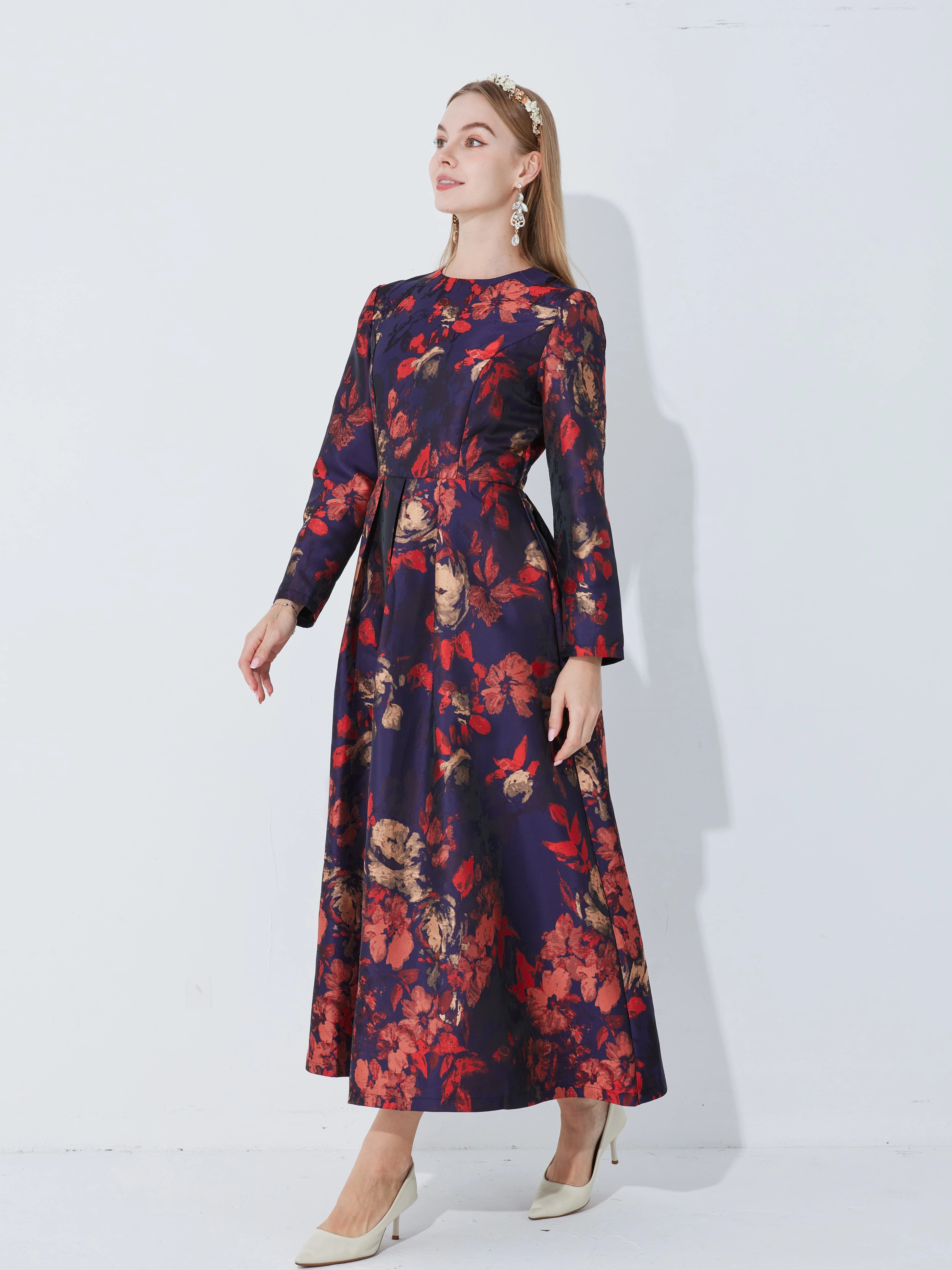 Elegant Women Long Sleeve Maxi Dress Fall Fashion Boho Floral Jacquard Muslim Dress Ladies Vintage Party Clothes