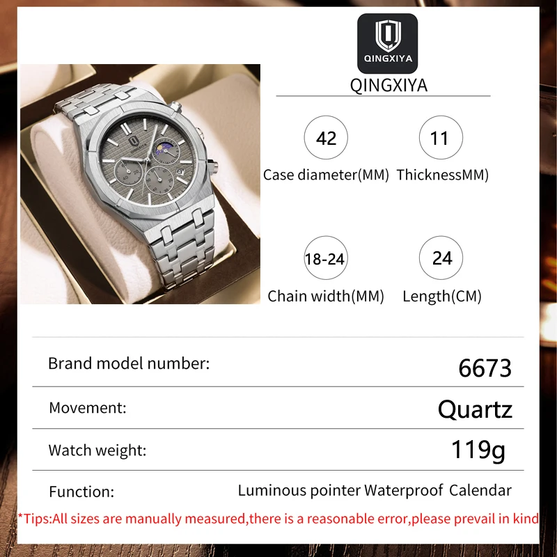 QINGXIYA Brand Luxury Moon Phase Quartz Watch for Men Stainless Steel Waterproof Luminous Date Fashion Chronograph Watches Mens