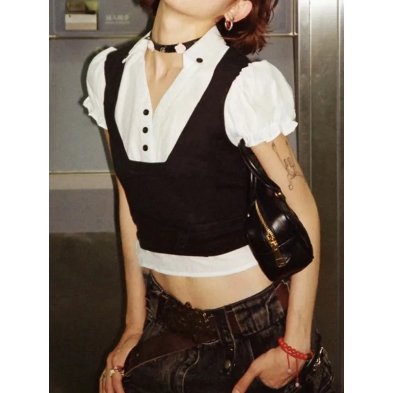 

Vintage Contrast Color Patchwork Slim Puff Sleeve T-shirt Women 2025 Summer New Polo Collar Buttons Casual All Match Crop Tops