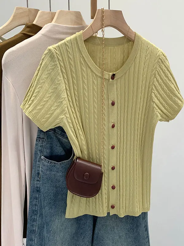 

Spicy Short Sleeve Knitted Sweater High Waist Waist Cinched Women's Outerwear Overalls Summer High Waist Short Style Small Top