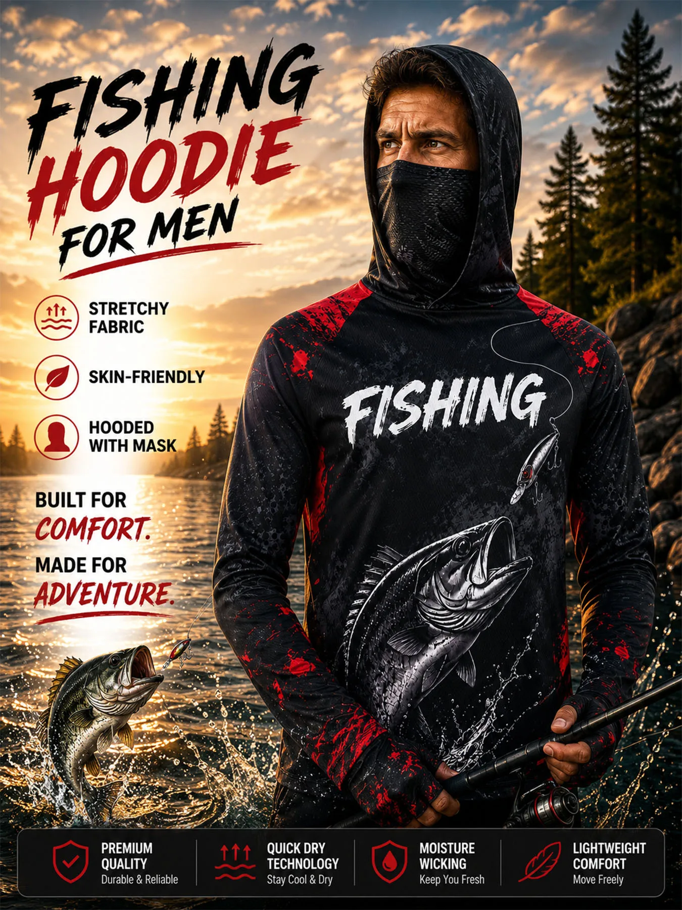 Outdoor Fishing Hoodie Men UPF 50+ Sun Protection Face Cover Quick Dry Breathable Anti-Mosquito Hooded Shirt for Lure Fishing