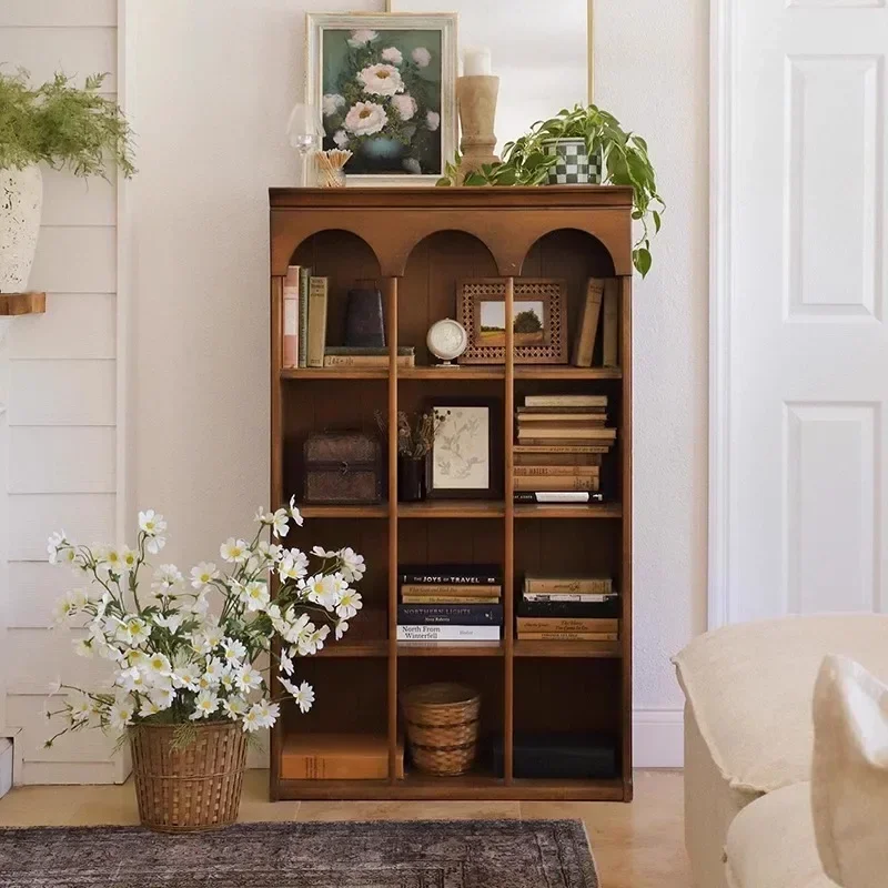 Retro solid wood storage display cabinet, small household multi-functional floor locker
